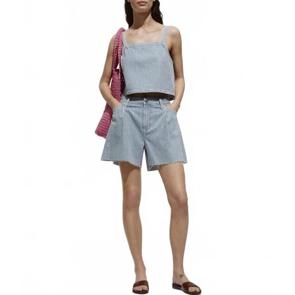 Mango 2-Piece Matching Set Stripe-Print Denim Crop Top & Shorts Blue White NWT - Picture 1 of 9